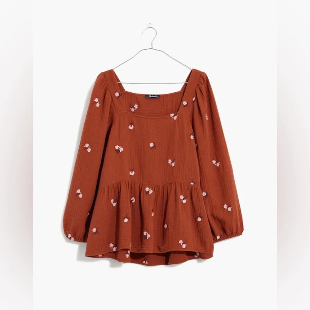 NWT Madewell Amie Floral Embroidered Lightspun Millbrook Puff-Sleeve Top Medium